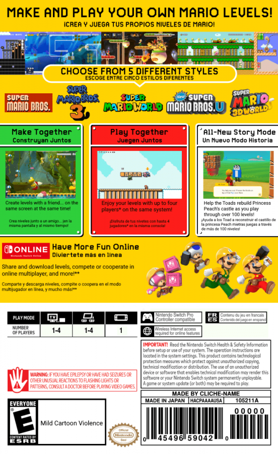 Super Mario Maker 2 back of box for Nintendo Switch NS video game