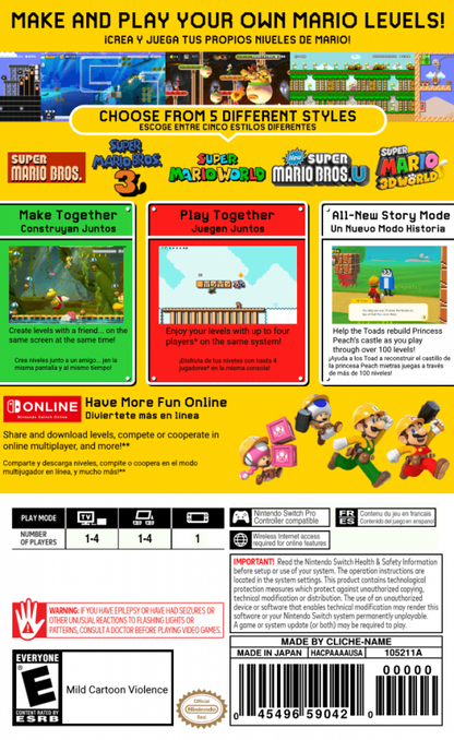 Super Mario Maker 2 back of box for Nintendo Switch NS video game