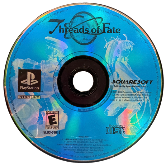 Threads of Fate CIB Sony PlayStation PS1 video game featuring action role playing gameplay Mint and Rue characters fantasy adventure real time combat magic abilities exploration puzzle solving quests and classic 32 bit PlayStation gameplay retro video game collection collectible gaming appeal disc