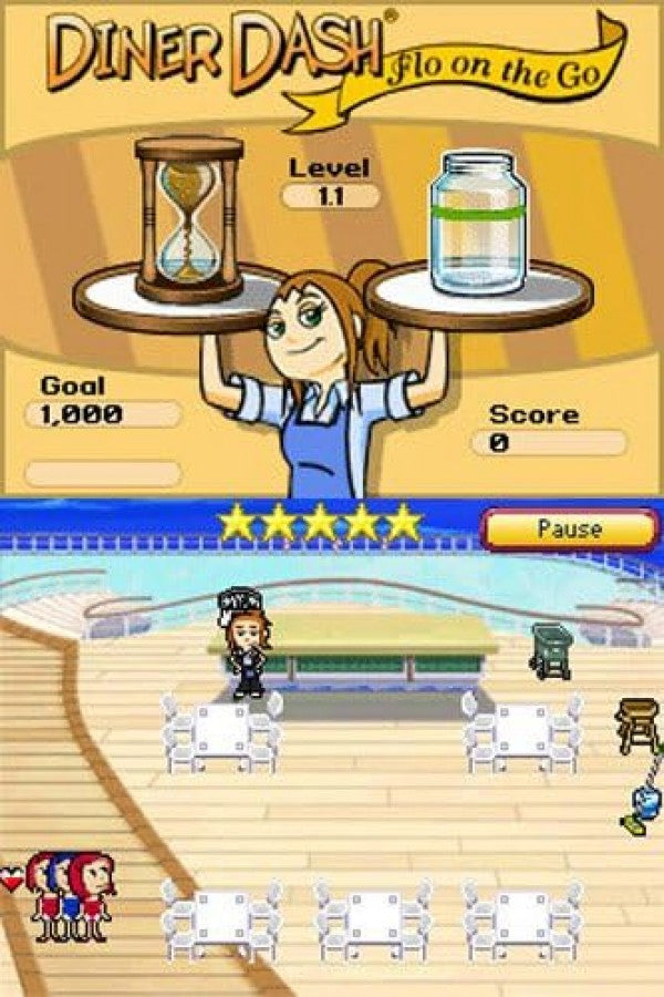 Diner Dash Flo on the Go Nintendo DS video game, time management puzzle gameplay, casual arcade fun, handheld console title gameplay screenshot