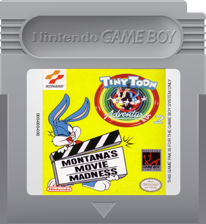 Tiny Toon Adventures 2 Montana's Movie Madness Nintendo Game Boy GB for retro video game enthusiasts featuring side scrolling action platforming gameplay Looney Tunes inspired cartoon characters colorful levels classic handheld adventure challenging platforming stages and collectible gaming appeal cartridge