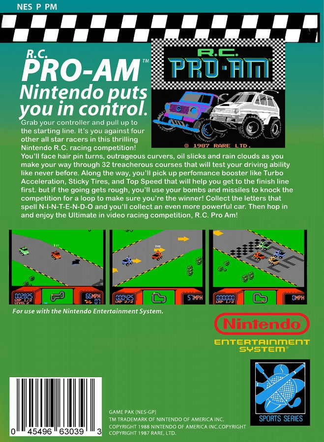 RC Pro-Am Nintendo Entertainment System NES for retro video game enthusiasts featuring isometric racing gameplay remote controlled vehicle competition power up collection fast paced track action multiplayer excitement precision driving mechanics and collectible gaming appeal back art