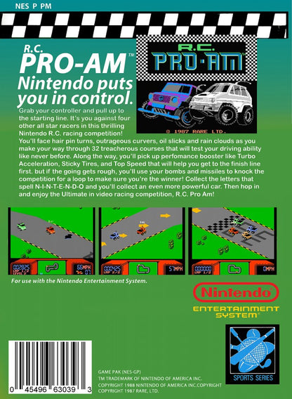 RC Pro-Am Nintendo Entertainment System NES for retro video game enthusiasts featuring isometric racing gameplay remote controlled vehicle competition power up collection fast paced track action multiplayer excitement precision driving mechanics and collectible gaming appeal back art