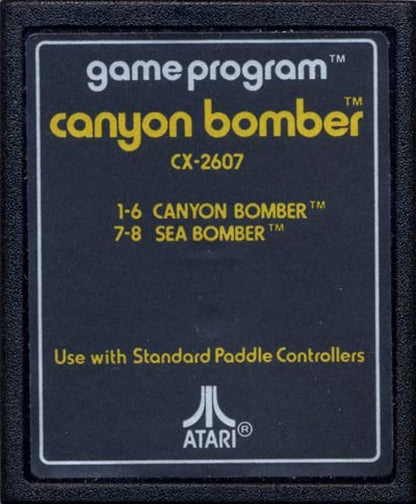 Canyon Bomber retro Atari 2600 video game featuring arcade bombing gameplay, aerial combat action, multiplayer challenges and classic Atari entertainment - cartridge