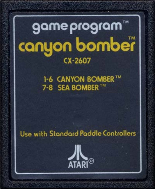 Canyon Bomber retro Atari 2600 video game featuring arcade bombing gameplay, aerial combat action, multiplayer challenges and classic Atari entertainment - cartridge