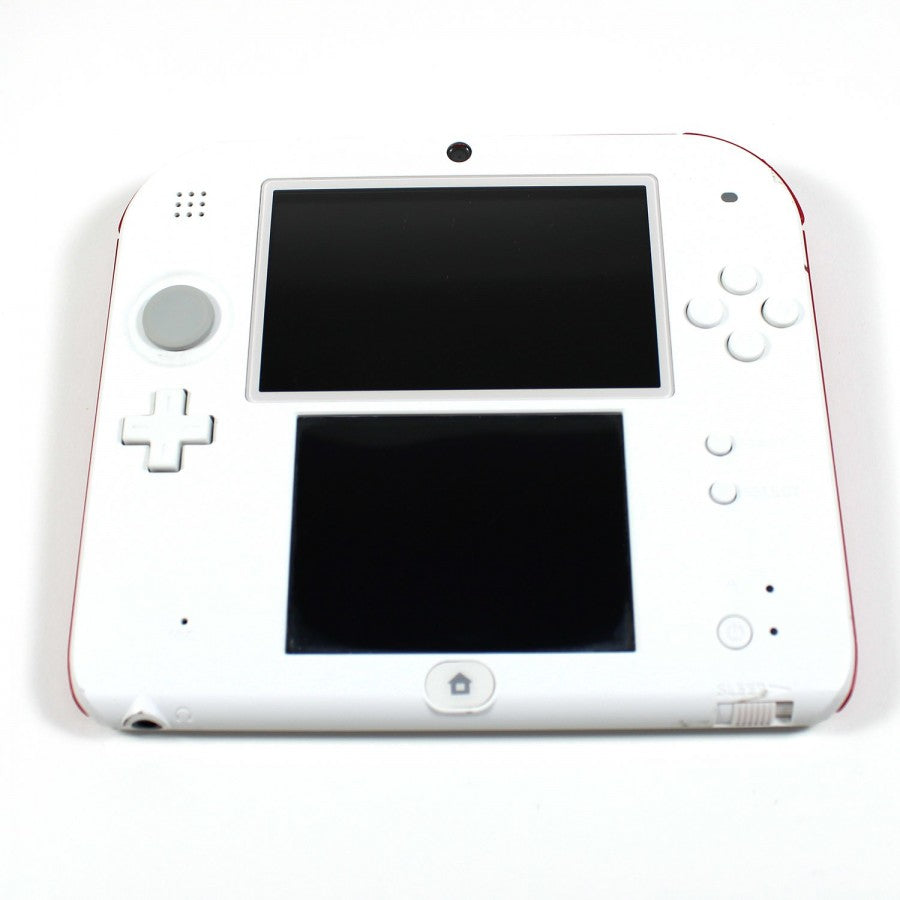 Nintendo 2DS handheld console in white and red with dual screens and durable design