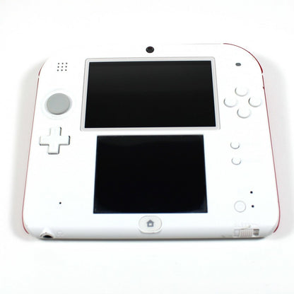 Nintendo 2DS handheld console in white and red with dual screens and durable design