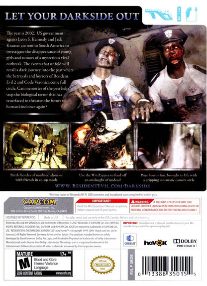 Resident Evil The Darkside Chronicles Nintendo Wii light gun shooter rail shooter on-rails game Resident Evil series Capcom Operation Javier scenario Leon Kennedy Krauser Claire Redfield Umbrella chronicles zombie outbreak motion controls shooting gallery style back cover
