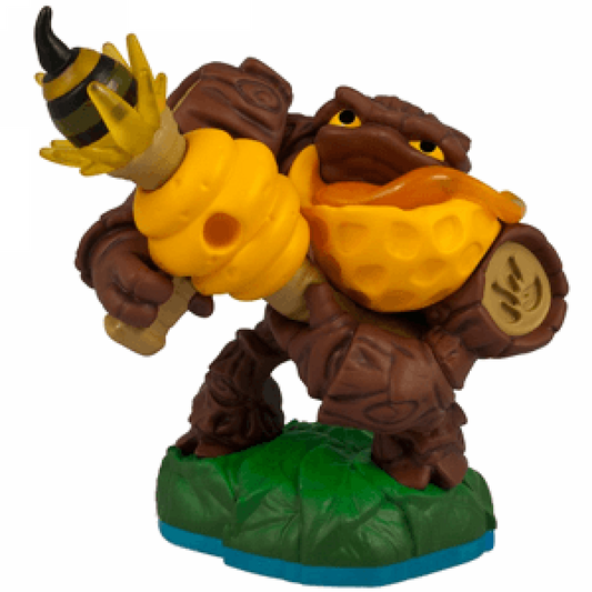 LightCore Bumble Blast Skylanders Swap Force figure, life element plant creature with glowing illuminated core, wooden body and bee-launching cannon, posed in attack stance, detailed collectible toy on portal base from Skylanders Swap Force series