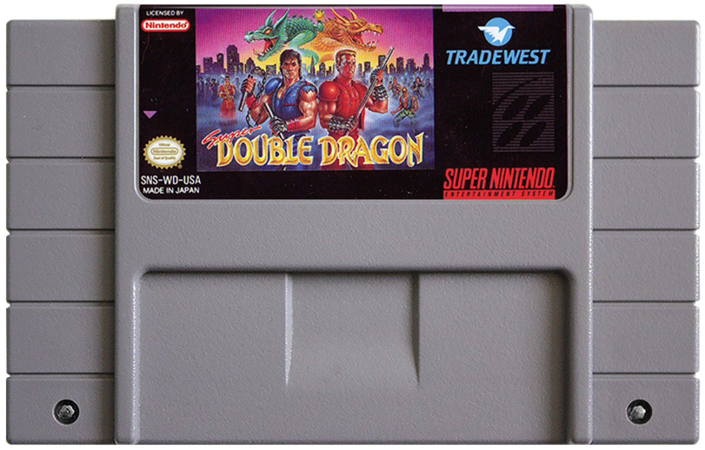 Super Double Dragon for Super Nintendo side scrolling beat em up featuring Billy and Jimmy Lee martial arts combat co op multiplayer and street fighting gameplay cartridge