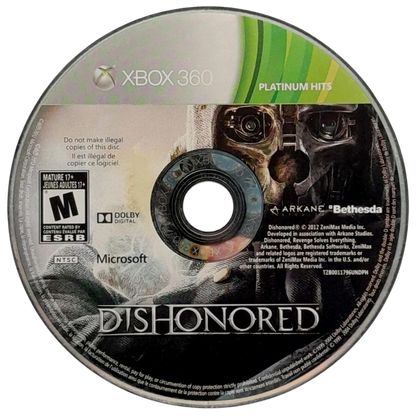Dishonored Platinum Hits Xbox 360 stealth first-person action video game Arkane Studios Bethesda Corvo supernatural assassin supernatural abilities Blink possession rats chaos system multiple approaches non-lethal lethal options Dunwall plague conspiracy revenge story DLC content included disc