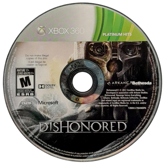 Dishonored Platinum Hits Xbox 360 stealth first-person action video game Arkane Studios Bethesda Corvo supernatural assassin supernatural abilities Blink possession rats chaos system multiple approaches non-lethal lethal options Dunwall plague conspiracy revenge story DLC content included disc