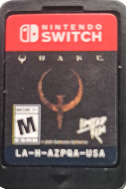 Quake II Nintendo Switch inspired design featuring sci fi first person shooter aesthetic futuristic military combat hostile alien Strogg forces fast paced action intense weapons based gameplay classic arena shooter revival modern enhanced presentation cartridge 