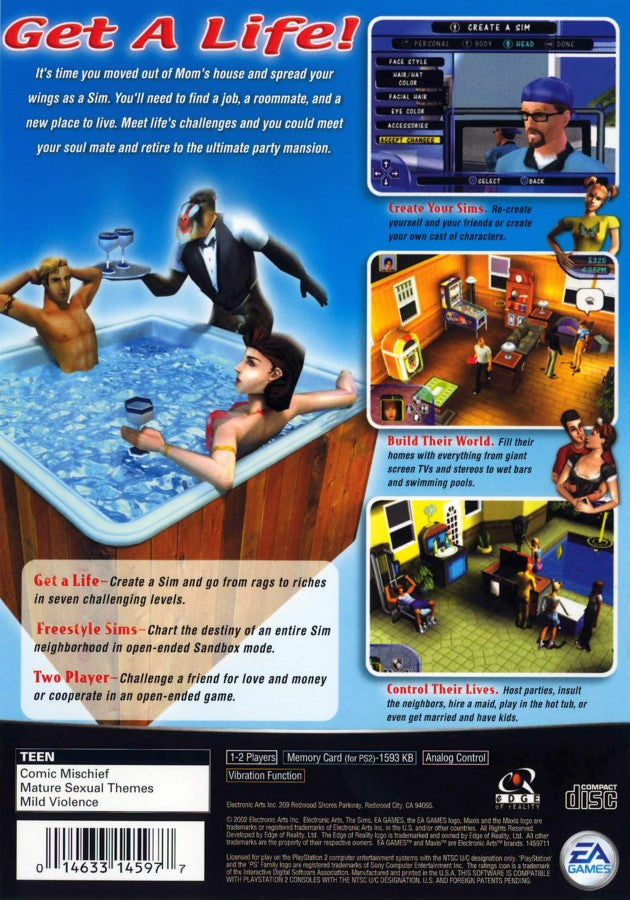 The Sims PS2 Sony PlayStation 2 life simulation game Sims series character creation home building career progression social interactions open ended sandbox gameplay Maxis EA classic simulation retro gaming PlayStation 2 software video game title back cover art
