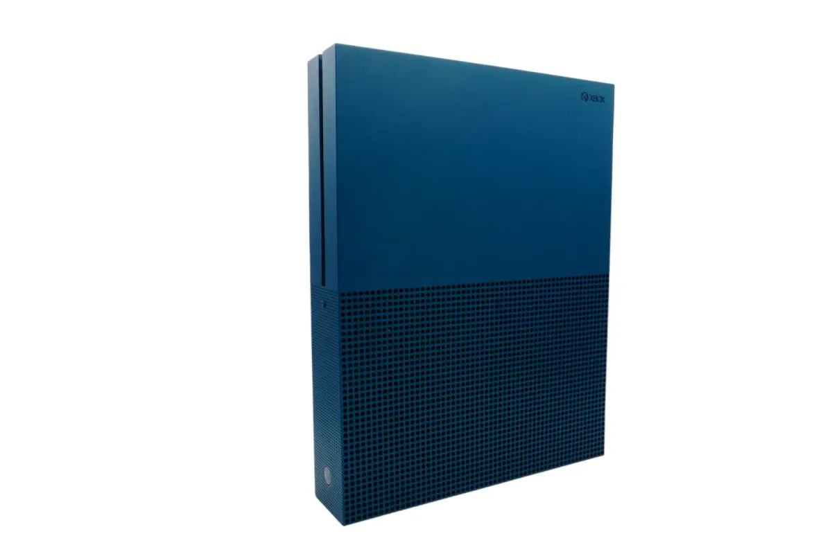 Xbox One S Console XONE Deep Blue Special Edition 500GB Good Condition Microsoft gaming system featuring deep blue special edition design 500GB internal storage Xbox One game compatibility 4K video playback HDR gaming wireless controller support online multiplayer entertainment streaming compact console hardware used gaming system home entertainment setup collectible Xbox console and gaming accessory appeal standing view