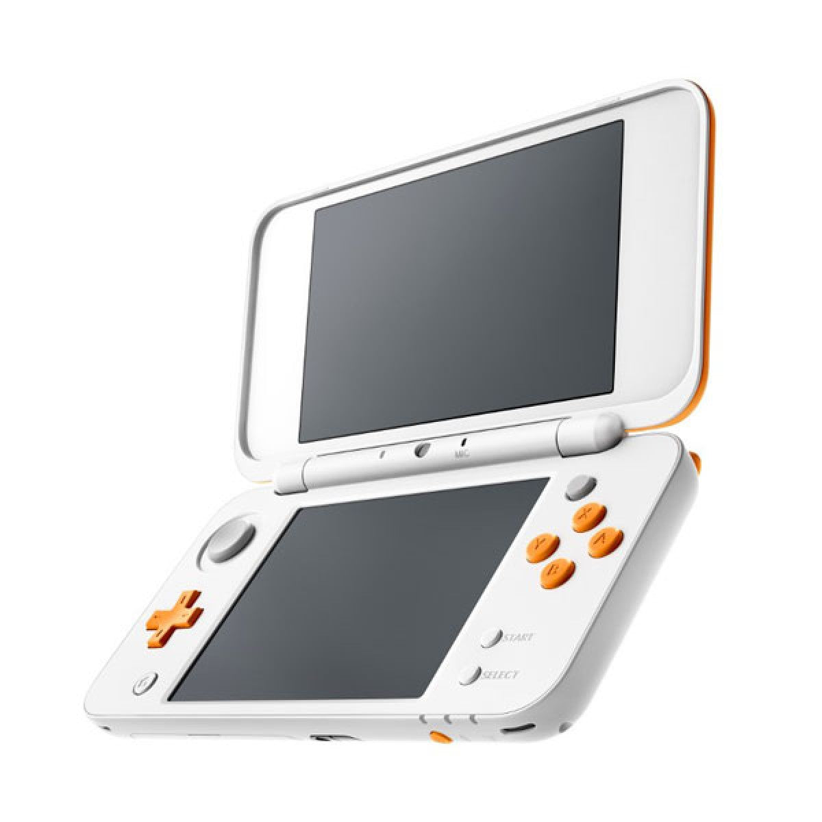 Retro orange and white New Nintendo 2DS XL inspired design featuring dual screen handheld gaming console aesthetic foldable portable Nintendo hardware sleek clamshell design stylized controls vibrant retro gaming nostalgia presentation 