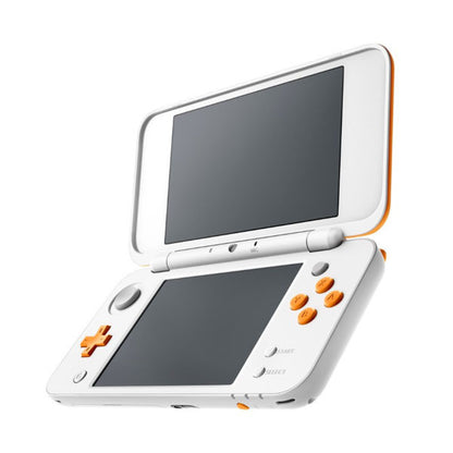 Retro orange and white New Nintendo 2DS XL inspired design featuring dual screen handheld gaming console aesthetic foldable portable Nintendo hardware sleek clamshell design stylized controls vibrant retro gaming nostalgia presentation 