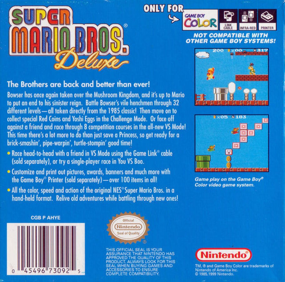 Super Mario Bros Deluxe for Game Boy Color, back of case for a platformer video game with side-scrolling gameplay, classic level design, retro action challenges, and iconic character-based gameplay