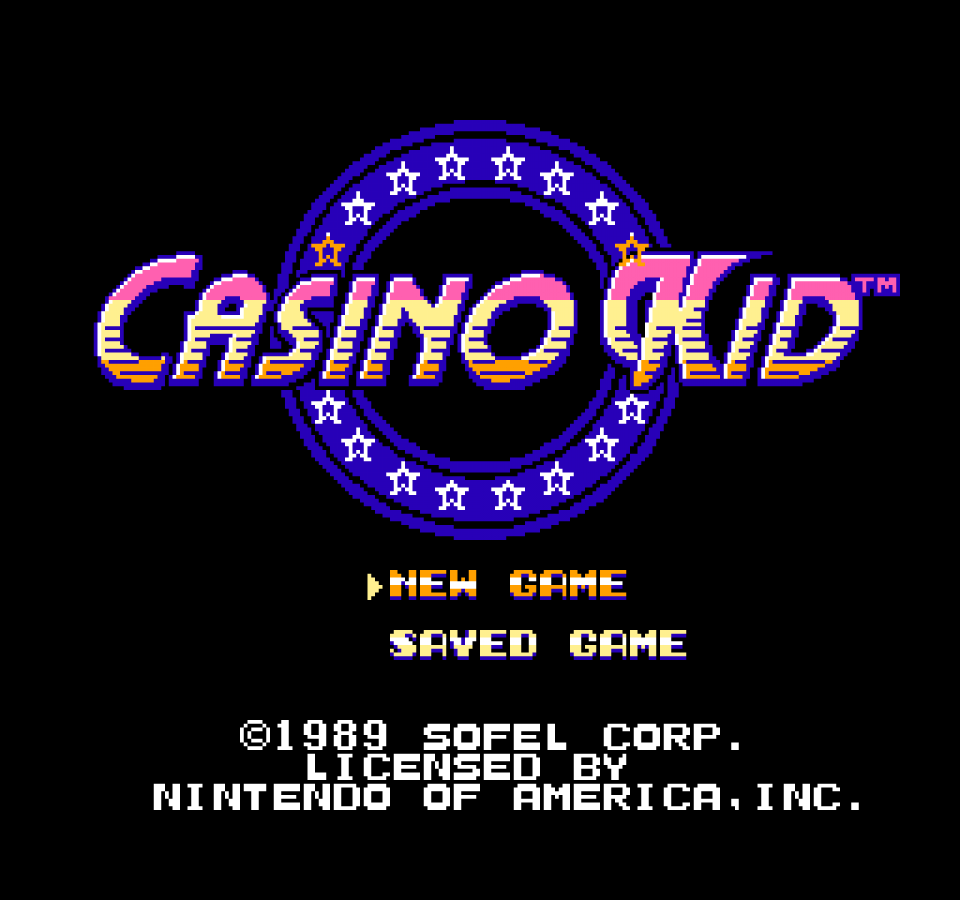 Casino Kid Nintendo Entertainment System NES video game featuring casino gambling gameplay poker blackjack roulette casino table games betting challenges and classic 8 bit Nintendo gameplay retro video game collection collectible gaming appeal gameplay