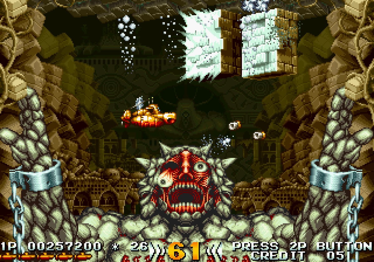 In The Hunt arcade Sega Saturn side scrolling submarine shooter underwater combat military sci fi action giant mechanical enemies explosive torpedoes Irem arcade port retro gaming Sega Saturn software video game title gameplay 