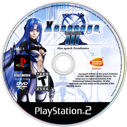 Xenosaga Episode III Also sprach Zarathustra game for the PlayStation 2 featuring turn based RPG gameplay with cinematic storytelling character driven narrative mech combat and a deep sci fi plot concluding the Xenosaga trilogy disc art