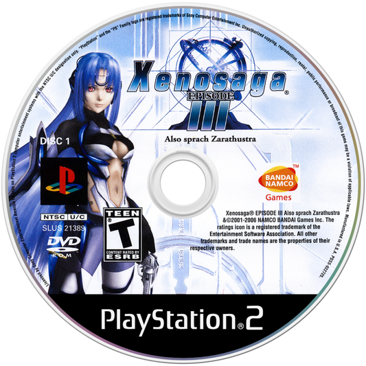 Xenosaga Episode III Also sprach Zarathustra game for the PlayStation 2 featuring turn based RPG gameplay with cinematic storytelling character driven narrative mech combat and a deep sci fi plot concluding the Xenosaga trilogy disc art
