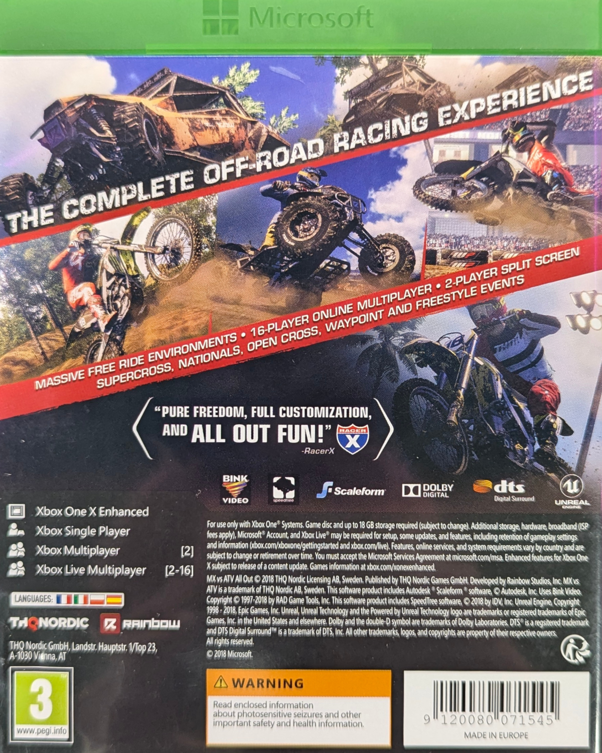 MX vs ATV All Out PAL Xbox One off-road racing video game multiple vehicle types open world environments career mode freestyle events multiplayer competition gameplay back cover