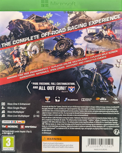 MX vs ATV All Out PAL Xbox One off-road racing video game multiple vehicle types open world environments career mode freestyle events multiplayer competition gameplay back cover