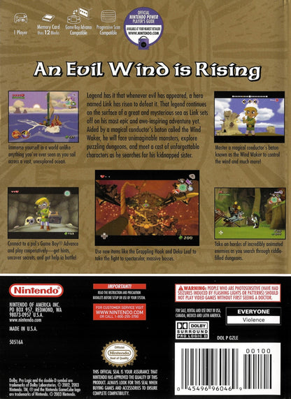The Legend of Zelda The Wind Waker for Nintendo GameCube action adventure video game featuring cel shaded graphics ocean exploration epic dungeons and classic Link fantasy storytelling experience back cover