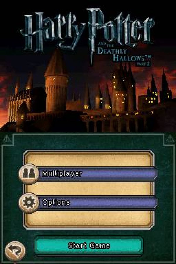 Harry Potter and the Deathly Hallows Part 2 for Nintendo DS, title screen for an action-adventure video game with spell-based combat, mission gameplay, and wizarding world storyline