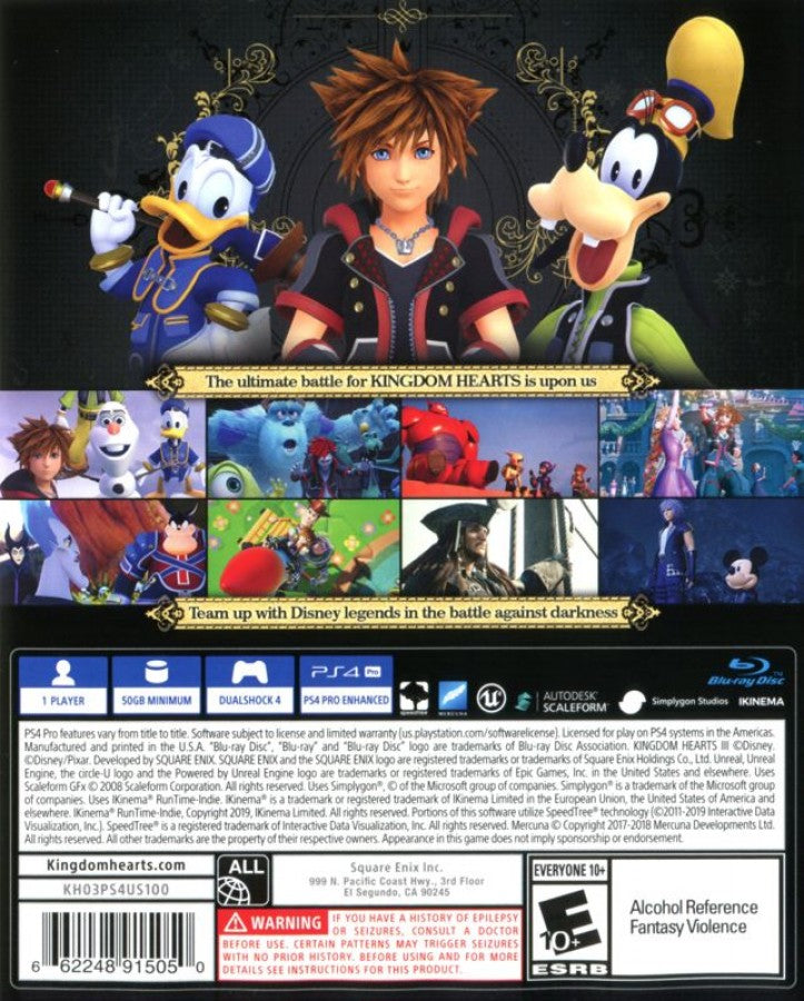 Kingdom Hearts III – PlayStation 4 (PS4) video game back of case, action role-playing game.