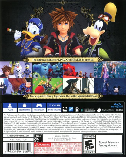 Kingdom Hearts III – PlayStation 4 (PS4) video game back of case, action role-playing game.