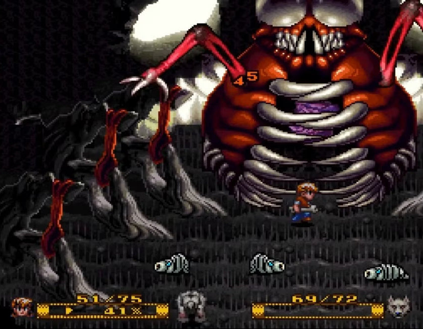 Secret of Evermore Super Nintendo SNES action RPG real time combat fantasy adventure alchemy system puzzle solving exploration Square Soft single player story driven retro 16 bit gaming Super Nintendo Entertainment System software video game title gameplay 