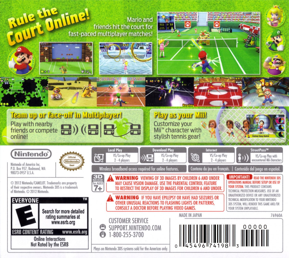 Mario Tennis Open retro Nintendo 3DS video game Mario Tennis sports tennis multiplayer competitive gameplay Mario characters arcade style matches handheld console title Nintendo 3DS release back of case