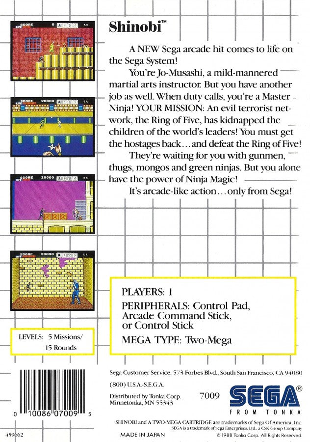 Shinobi Sega Master System SMS for action platforming video game fans featuring ninja combat side scrolling gameplay powerful attacks throwing weapons enemy battles challenging stages boss fights Japanese inspired environments and classic Sega Master System gameplay collectible retro gaming appeal back cover art