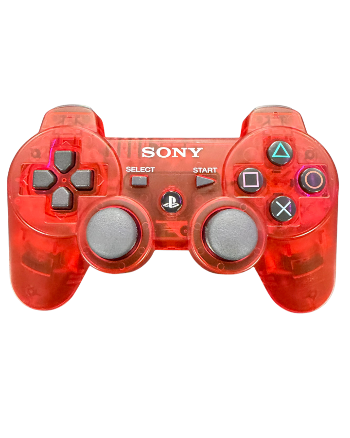 DualShock 3 Crystal Clear Red PlayStation 3 controller featuring translucent red shell wireless Bluetooth connectivity built in rechargeable battery motion sensing Sixaxis support and classic Sony PS3 gamepad design front