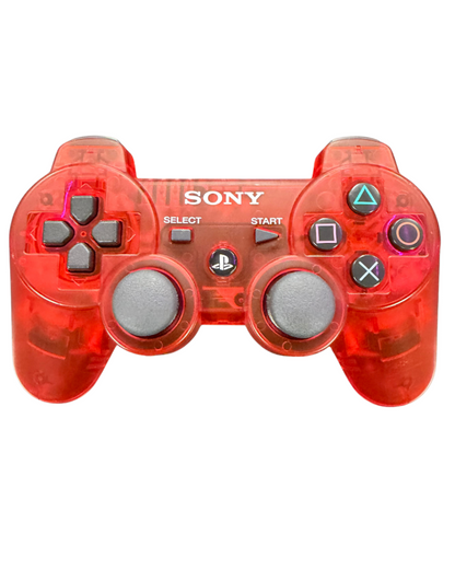 DualShock 3 Crystal Clear Red PlayStation 3 controller featuring translucent red shell wireless Bluetooth connectivity built in rechargeable battery motion sensing Sixaxis support and classic Sony PS3 gamepad design front