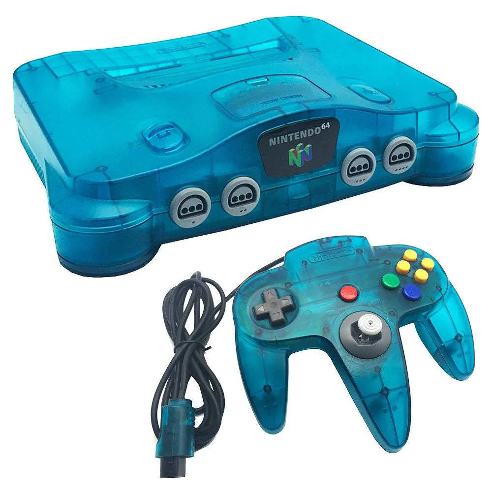 Nintendo 64 Console System (N64) Funtastic Ice Blue with Official Funtastic Ice Blue Controller – Yellowed Condition at Gamers INC, featuring the iconic 64-bit powerhouse in its vibrant, translucent Ice Blue finish from the classic Funtastic series; despite its age-related yellowing, this bundle includes the matching official controller and delivers the authentic multiplayer magic of the N64 library, from Super Mario 64 to GoldenEye 007, in a collectible, retro-styled package console and controller
