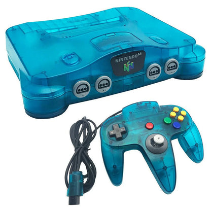 Nintendo 64 Console System (N64) Funtastic Ice Blue with Official Funtastic Ice Blue Controller – Yellowed Condition at Gamers INC, featuring the iconic 64-bit powerhouse in its vibrant, translucent Ice Blue finish from the classic Funtastic series; despite its age-related yellowing, this bundle includes the matching official controller and delivers the authentic multiplayer magic of the N64 library, from Super Mario 64 to GoldenEye 007, in a collectible, retro-styled package console and controller