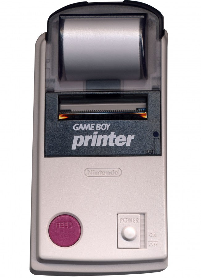 Nintendo Game Boy Printer original handheld accessory for Game Boy Camera featuring thermal printing for photos stickers and screenshots compatible with classic Game Boy systems front