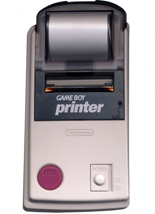 Nintendo Game Boy Printer original handheld accessory for Game Boy Camera featuring thermal printing for photos stickers and screenshots compatible with classic Game Boy systems front