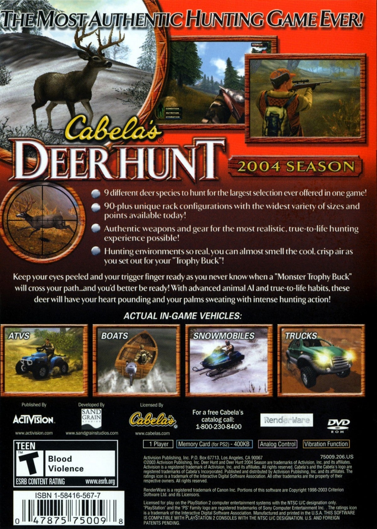 Cabela’s Deer Hunt 2004 for PlayStation 2 with deer hunting and outdoor simulation theme back cover art