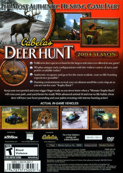 Cabela’s Deer Hunt 2004 for PlayStation 2 with deer hunting and outdoor simulation theme back cover art