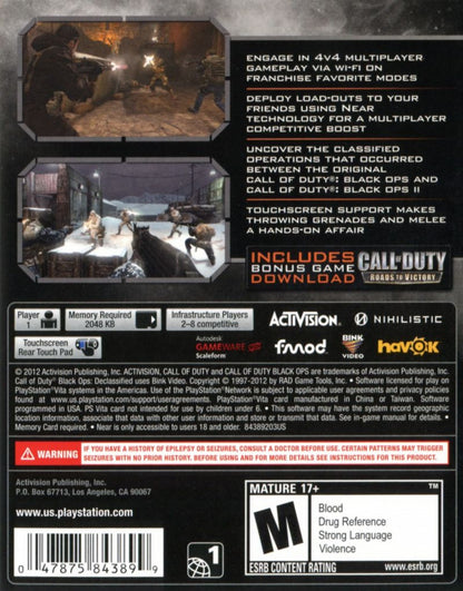 Call of Duty Black Ops Declassified back cover art for PlayStation Vita (PS VITA) video game