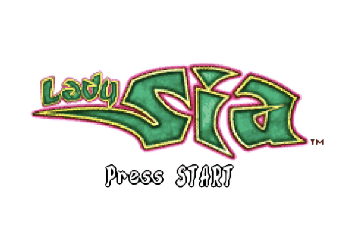 Lady Sia for Game Boy Advance (GBA), title screen for a retro video game featuring side-scrolling platforming gameplay, fantasy combat, magical abilities, challenging levels, and action-adventure exploration