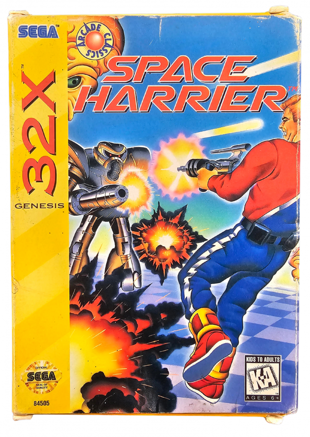 Space Harrier Sega 32X video game featuring fast paced arcade shooter gameplay third person flight action futuristic fantasy environments enemy battles giant creatures obstacle courses and classic Sega 32X gameplay retro video game collection collectible gaming appeal front cover art
