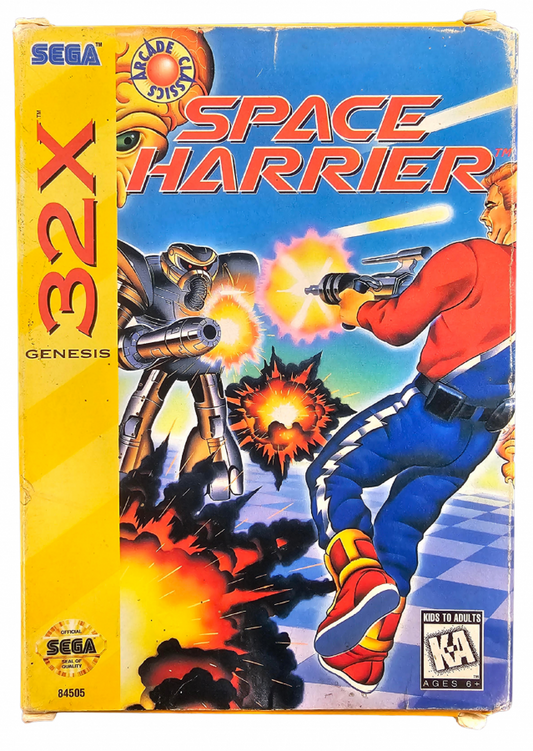 Space Harrier Sega 32X video game featuring fast paced arcade shooter gameplay third person flight action futuristic fantasy environments enemy battles giant creatures obstacle courses and classic Sega 32X gameplay retro video game collection collectible gaming appeal front cover art