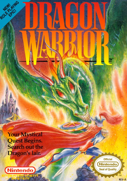 Dragon Warrior NES Nintendo Entertainment System JRPG role playing game fantasy adventure turn based combat exploration leveling classic Enix retro 8 bit gaming cartridge video game title cover art 