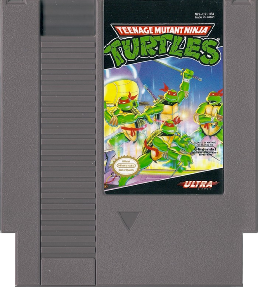 Teenage Mutant Ninja Turtles cartridge for the Nintendo Entertainment System featuring retro 8 bit side scrolling action as Leonardo Donatello Michelangelo and Raphael battle Shredder and the Foot Clan across New York City cartridge