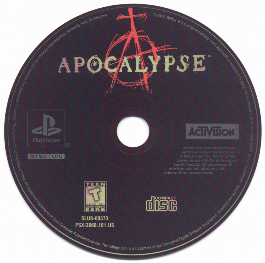 Apocalypse retro sci-fi action run and gun shooter game for PlayStation 1 (PS1) disc